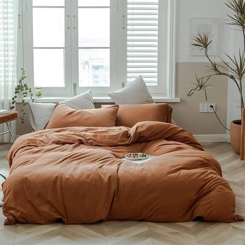 DONEUS Duvet Cover Queen Size - 100% Jersey Knit Duvet Cover Set Breathable Soft Comfy 3 Pieces Bedding Set with Zipper Closure, Solid Color Queen Duvet Cover Set, Burnt Orange