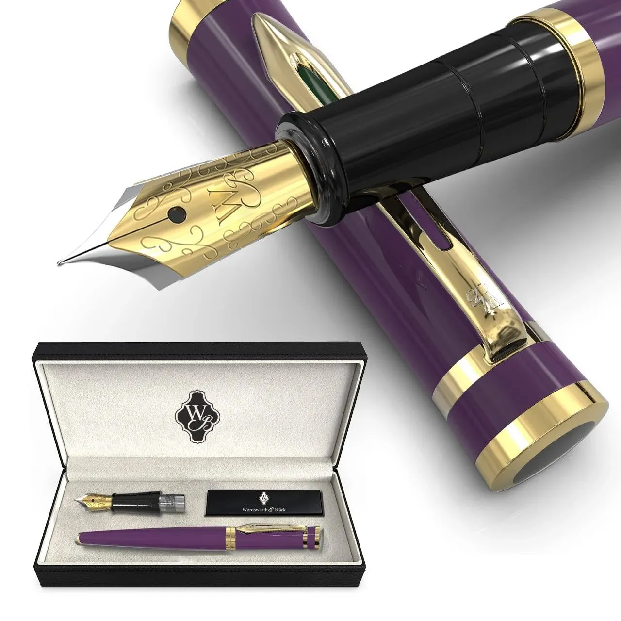 Wordsworth & Black Fountain Pen Set, 18K Gilded Medium and Extra Fine Nibs, 6 Ink Cartridges, Ink Refill Converter, Gift Case -Velvet Purple