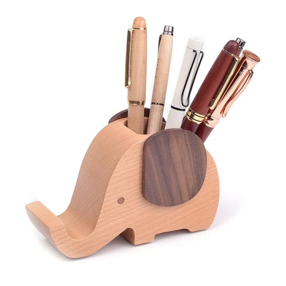 Artinova Elephant Shape Wooden Pen Cup/Pen Holder Desk Organizer with Cell Phone Stand ARTA-0057