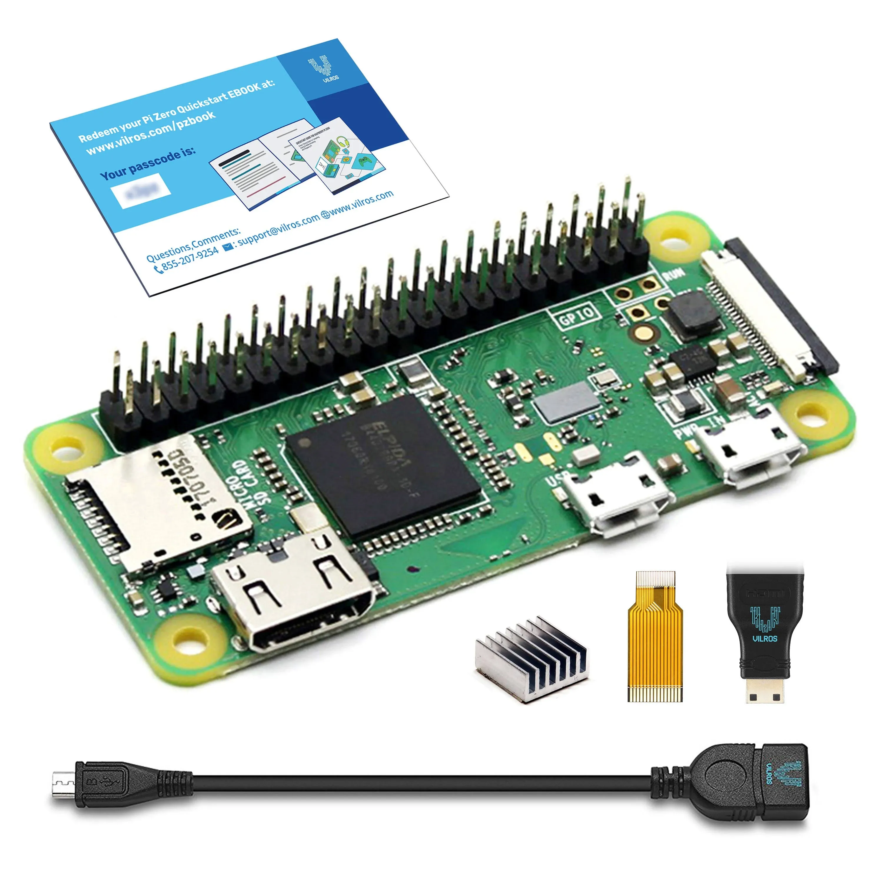 Raspberry Pi Zero W with Vilros Adapters & Quickstart E-Book Download Code-Includes USB OTG Adapter, HDMI Adapter, Camera Module Adapter, 40 Pin Header, Heatsink & Vilros Pi Zero Quickstart Ebook