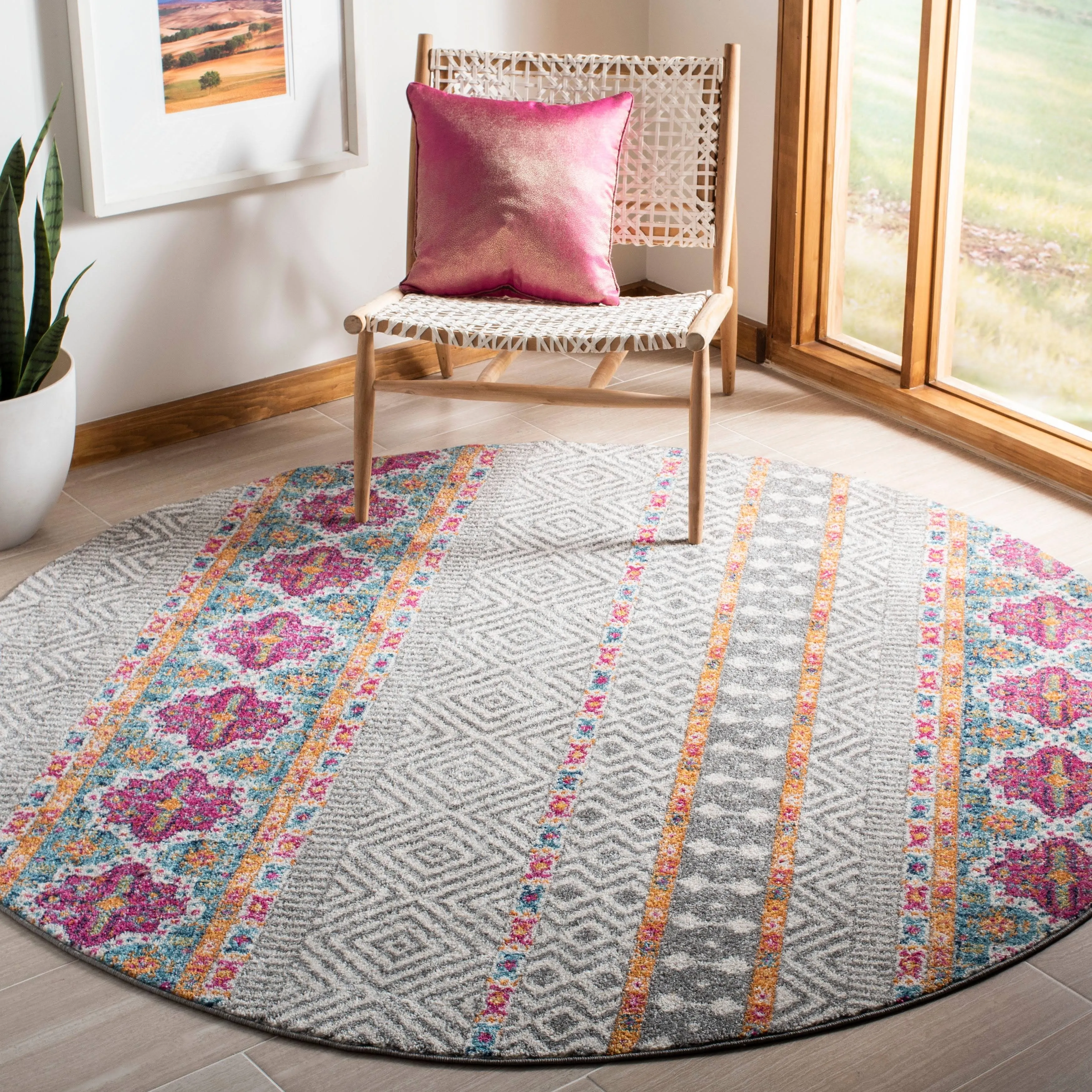 SAFAVIEH Madison Collection Area Rug - 6'7" Round, Grey & Ivory, Boho Chic Design, Non-Shedding & Easy Care, Ideal for High Traffic Areas in Living Room, Bedroom (MAD797F)