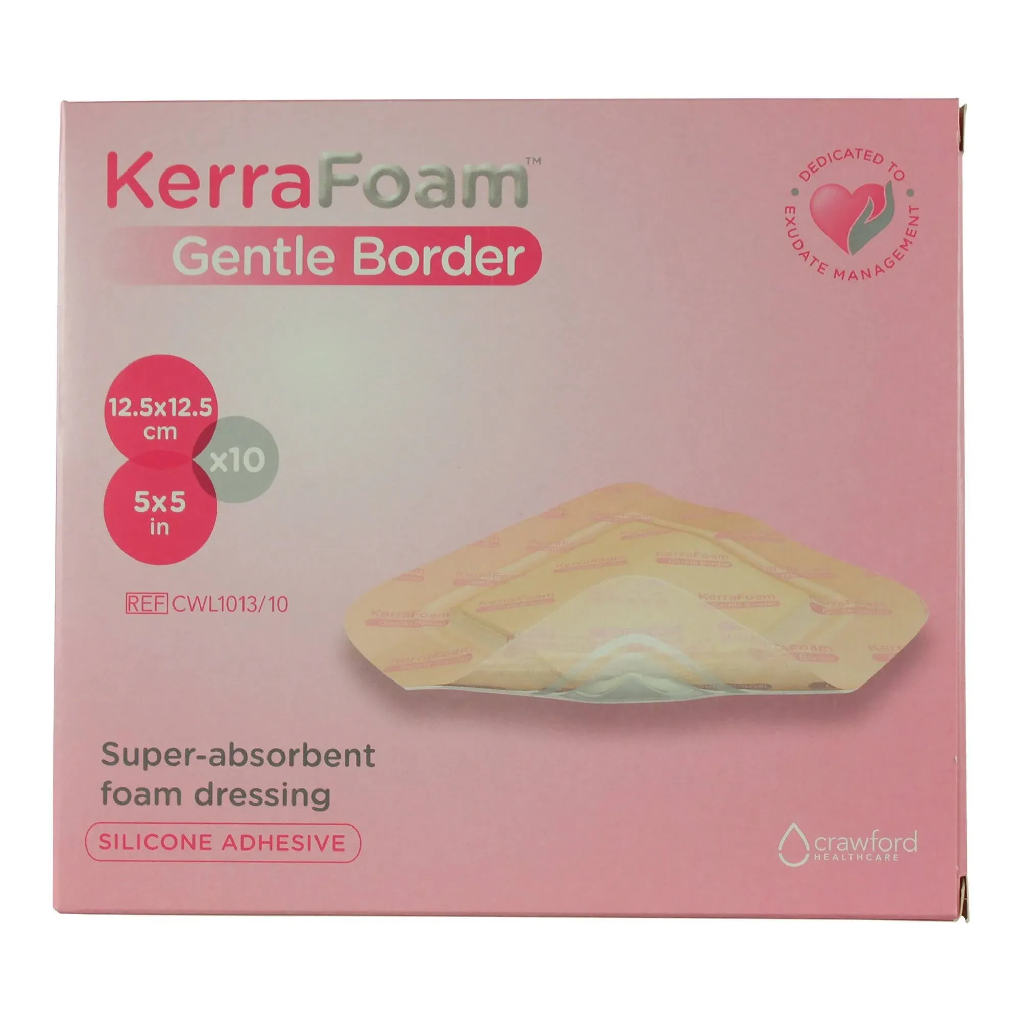 Foam Dressing KerraFoam&trade; Gentle Border 5 X 5 Inch With Border Film Backing Silicone Adhesive Square Sterile, CWL1013, 10/Carton