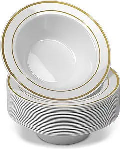 BloominGoods 50 Disposable White Gold Trim Plastic Dessert Bowls | 6 oz. Premium ...