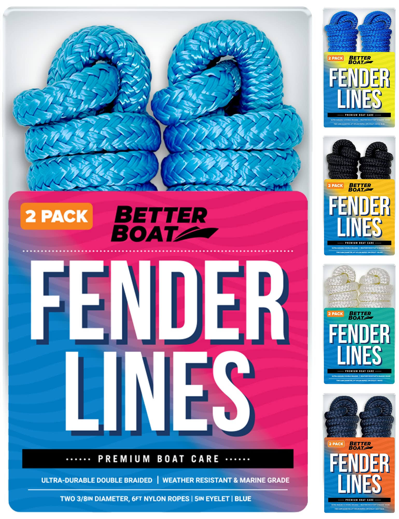 Boat Fender Lines for Boat Bumper Fender Boat Lines Hangers Bag Buoy Marine Rope for Boats or Dock Line Jet Ski Mooring or Small Boating Docking Double Braided Nylon 6 Feet 3/8 inch with Loop 2 Pack