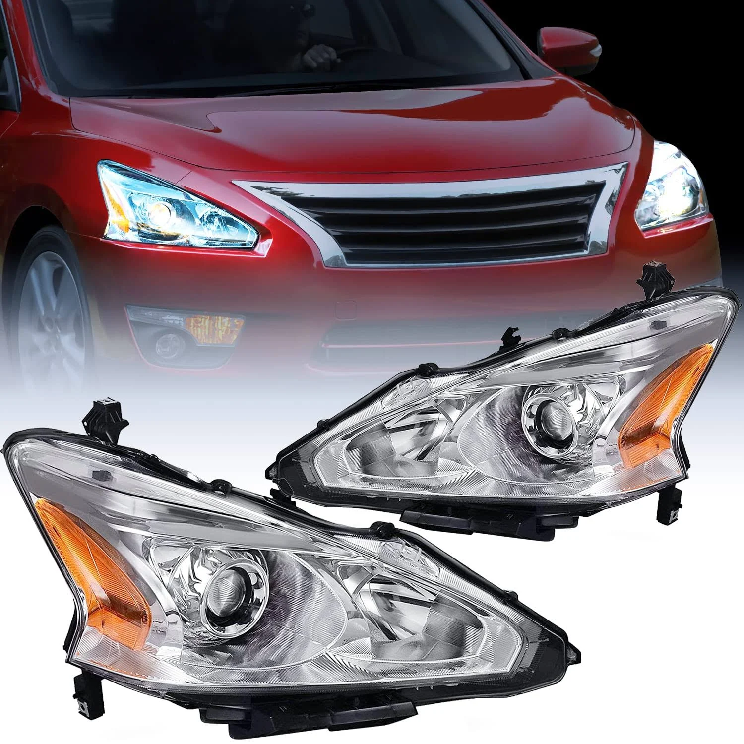 Nilight Headlight Assembly for 2013 2014 2015 Altima 4 Door Sedan Advance Base Exclusive SL S SV Sense Sedan 4 Door Replacement Headlamp Clear Projector Chrome Housing Amber Reflector