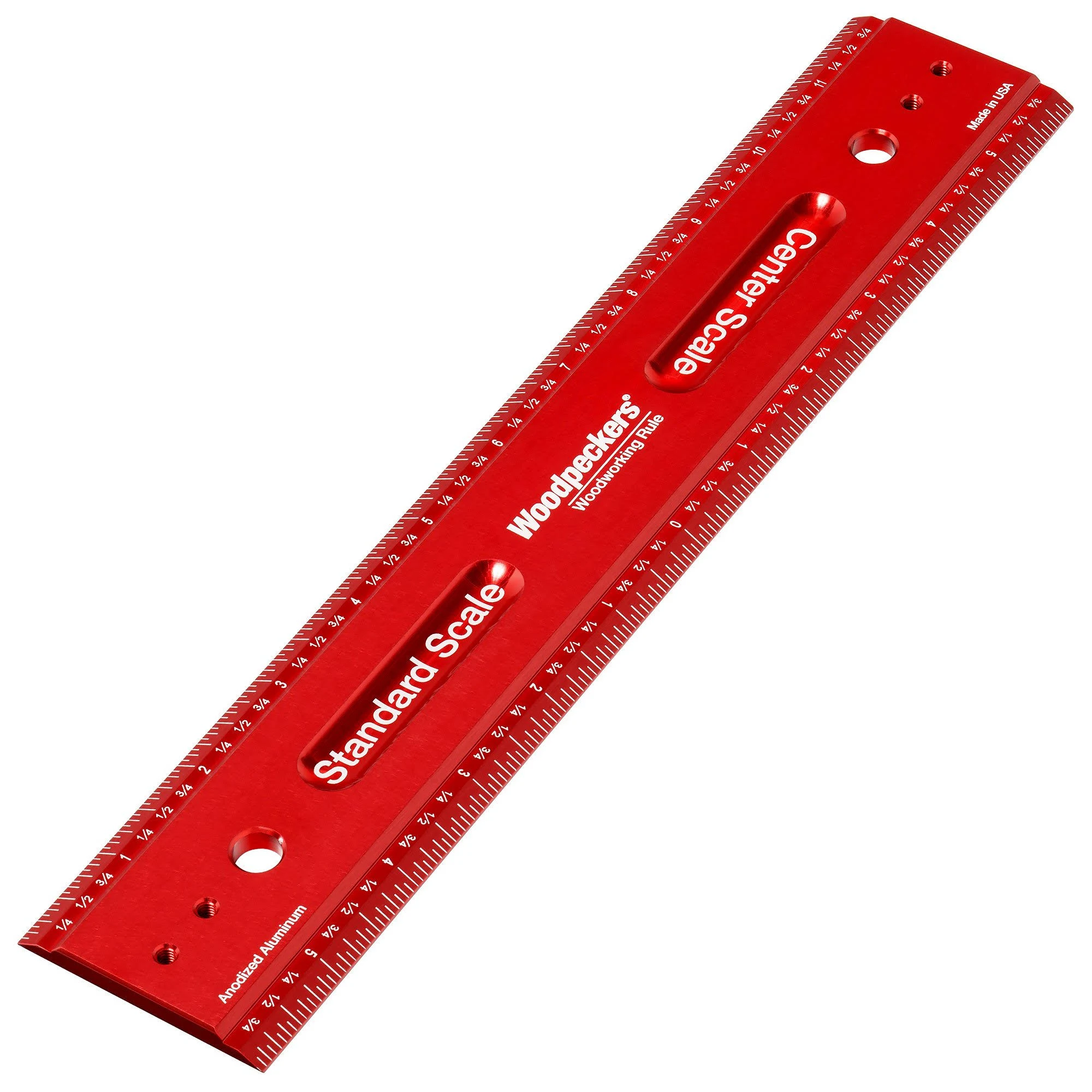 Woodpeckers Woodworking Rule, 12 Inch, L2R & Center Laser Engraved Scales, USA Made Precision Aluminum Woodworking Ruler with Beveled Edges