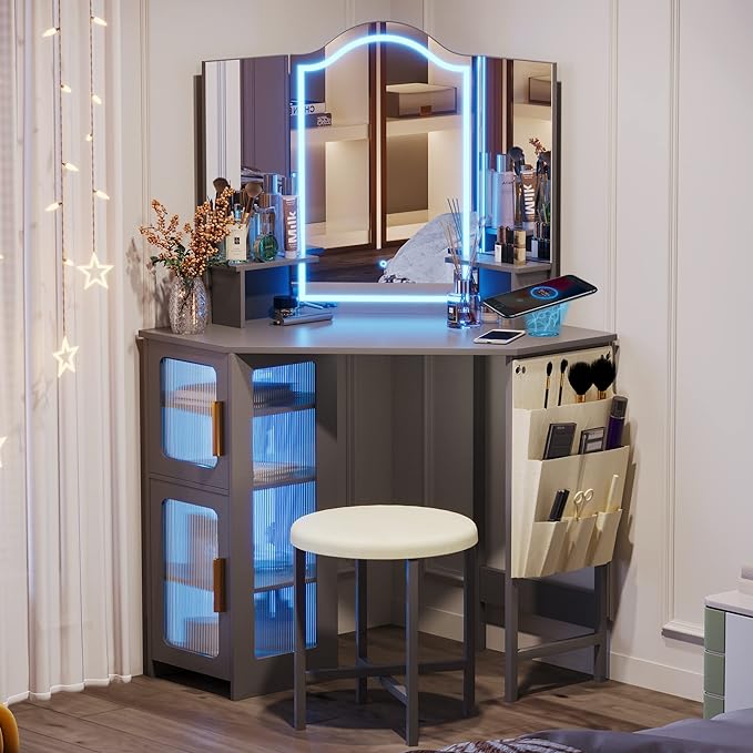 LVSOMT Corner Vanity Desk with Mirror and Lights, Makeup Vanity with Charging Station, Dressing Table with 3 Lighting Options, Vanity Set with Stool, Women’s Vanity for Bedroom, White