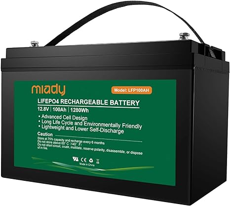 Miady 12V 100Ah LiFePO4 Battery, Rechargeable Lithium Battery with Built-in BMS, Lithium Phosphate Battery for Home Energy Storage, Solar System, Off-Grid, Camping and Marine Applications