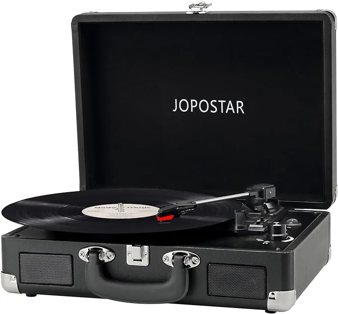 Vintage Vinyl Record Player - Portable 3-Speed Turntable with Bluetooth, Battery, and Stereo Speakers (Black)