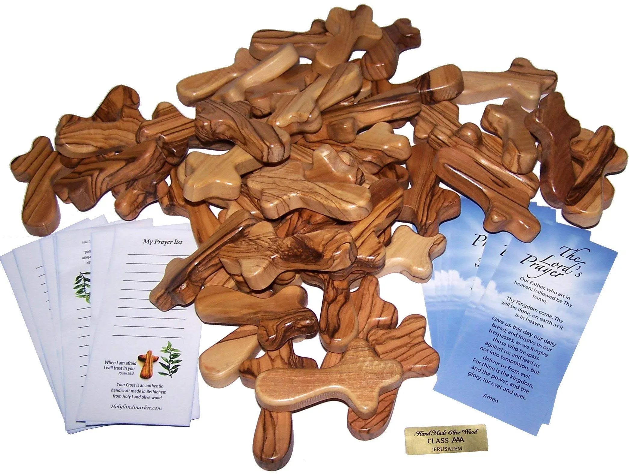 Holy Land Market 50 Small Olive Wood Hand Crosses - 2.5 Inch Pocket Palm Crucifix | Handmade Jerusalem Crosses - Christian Gifts with Certificates & Lord Prayer Card | Meditation & Prayer Crosses