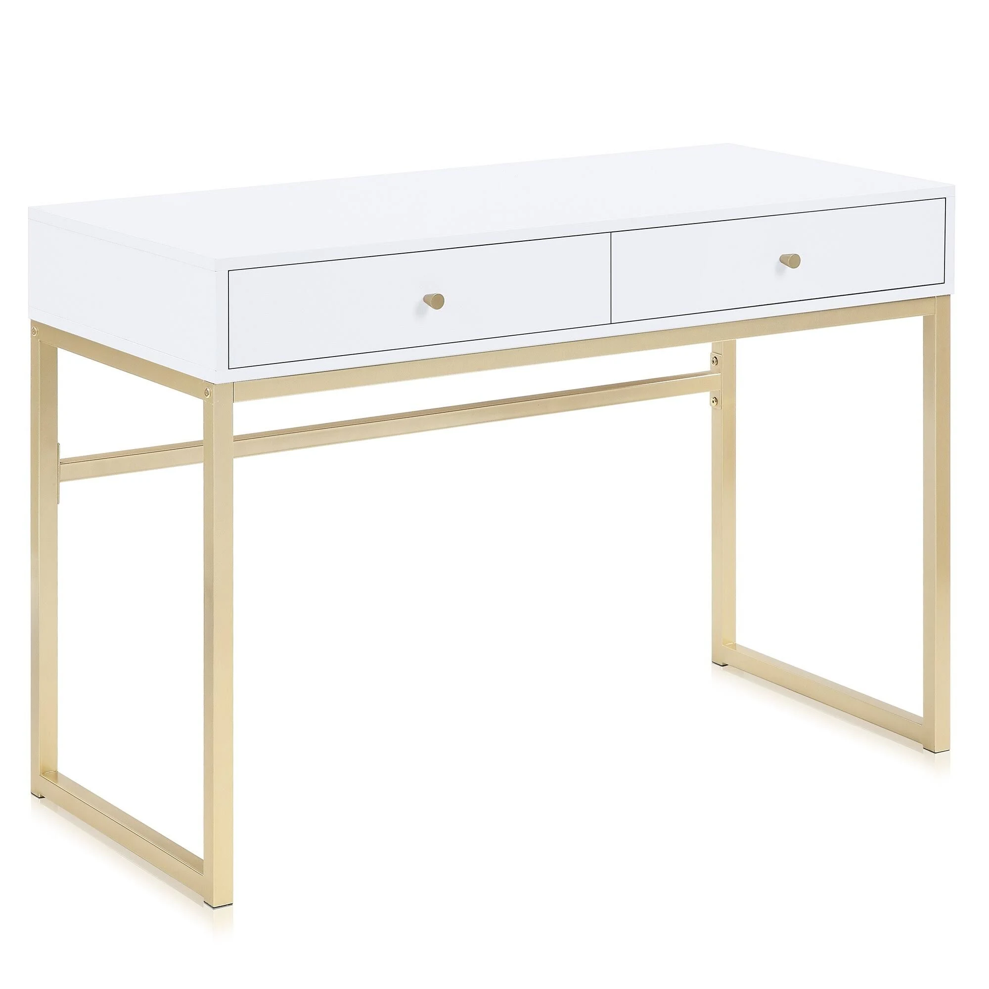 BELLEZE Modern 42 Inch Makeup Vanity Dressing Table or Home Office Computer Laptop Writing Desk with Two Storage Drawers, Wood Top, and Gold Metal Frame - Bronte (White)