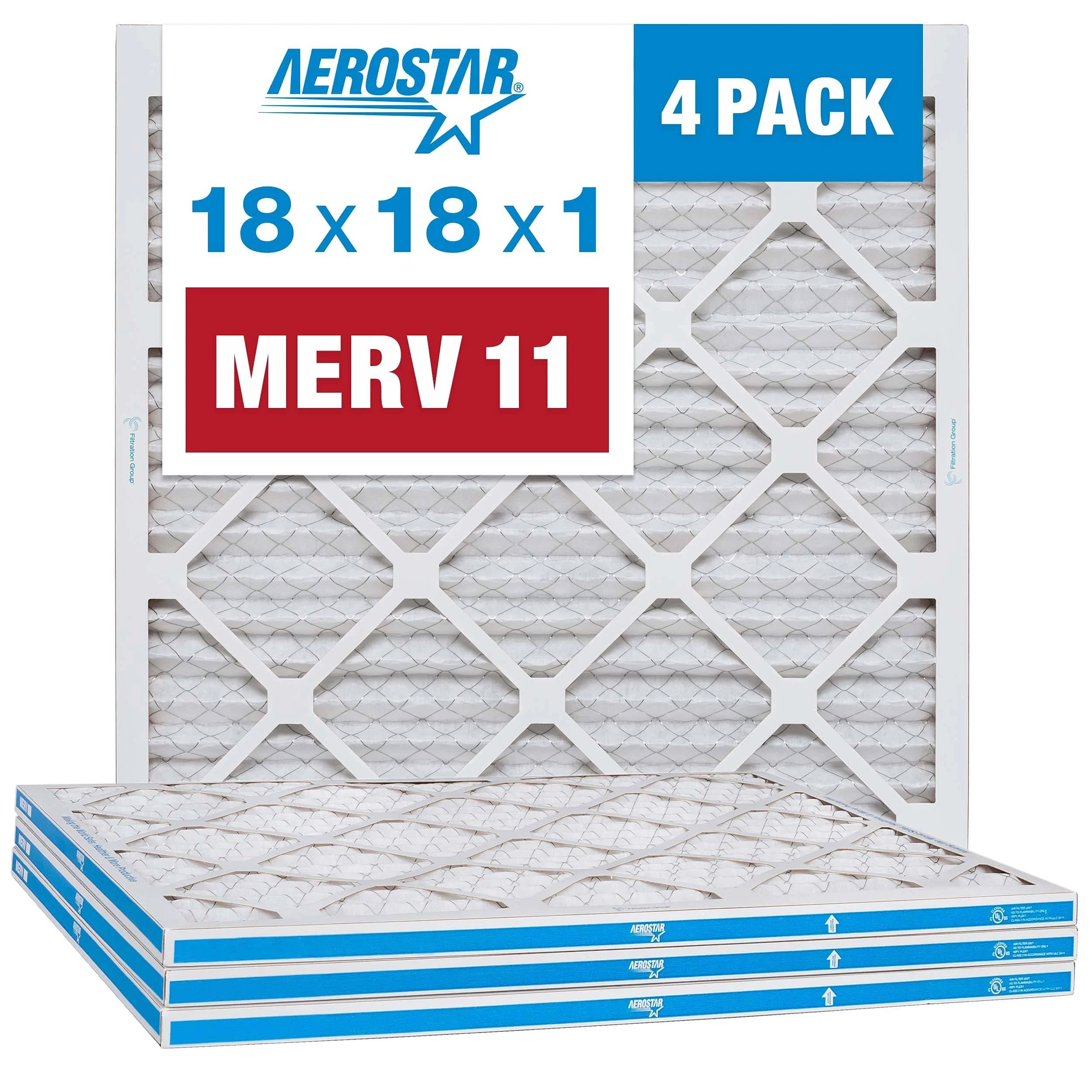 Aerostar 18x18x1 MERV 11 Pleated Air Filter 18x18x1 Box of 4 Made in The USA