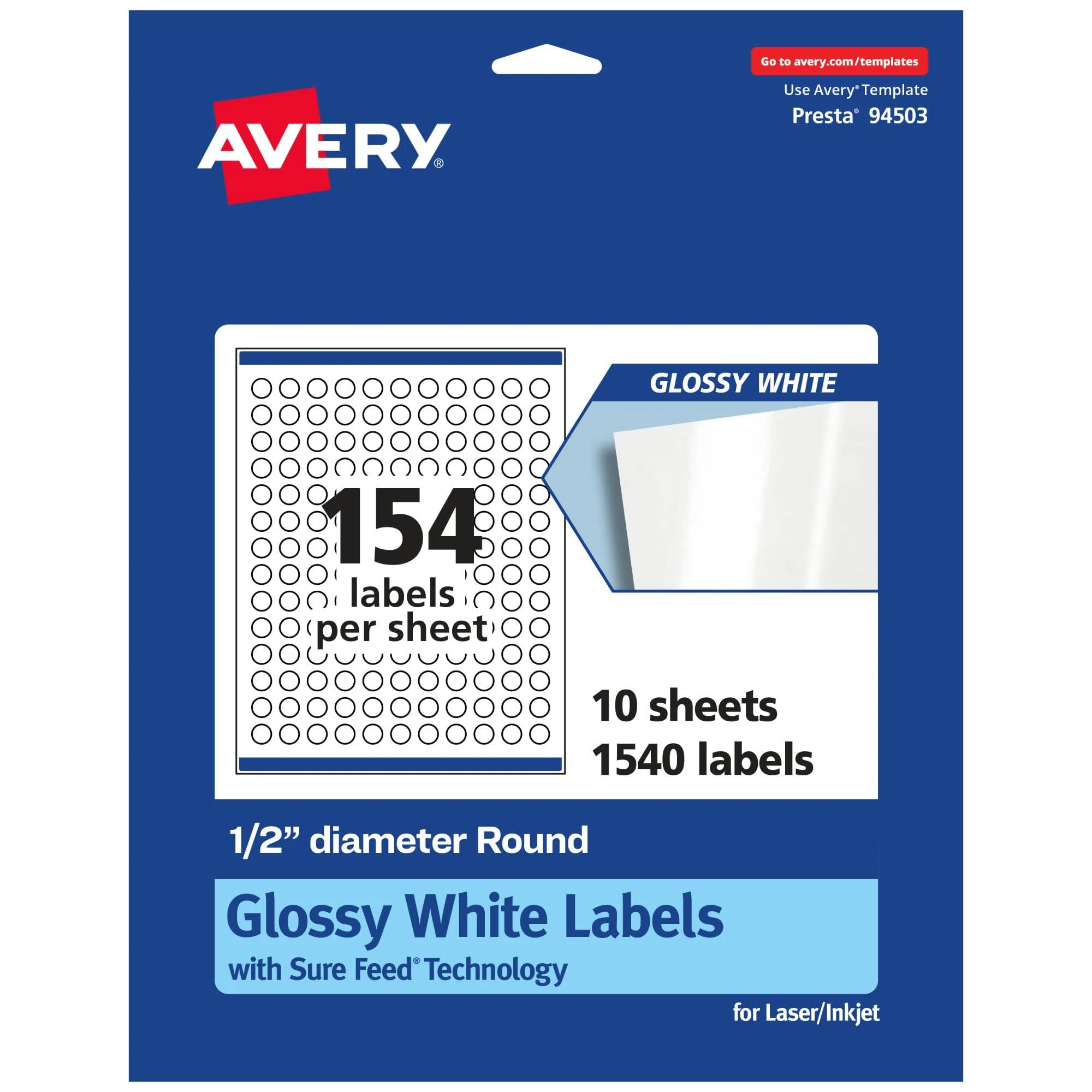 Avery Glossy White Round Labels with Sure Feed, 1/2" Diameter, 1,540 Glossy White Labels, Print-to-The-Edge, Permanent Label Adhesive, Laser/Inkjet Printable Labels