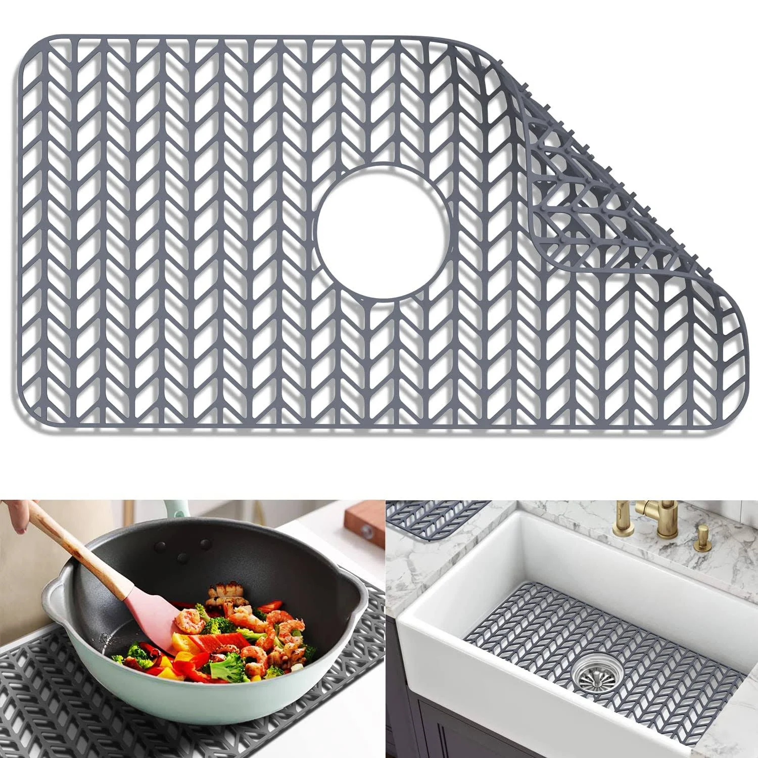 Silicone Sink Protectors for Kitchen Sink, GUUKIN 26''x 14'' Sink Mat Grid for Bottom of Farmhouse Stainless Steel Porcelain Sink with Center Drain (Grey)