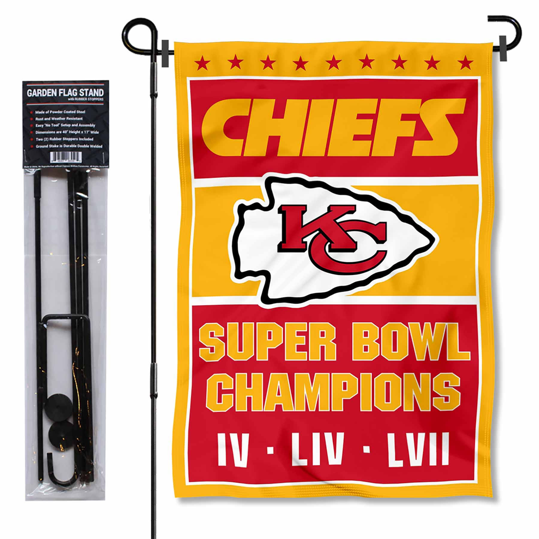 WinCraft Kansas City Chiefs Super Bowl 3 Time Champions Garden Flag and Pole Stand Holder