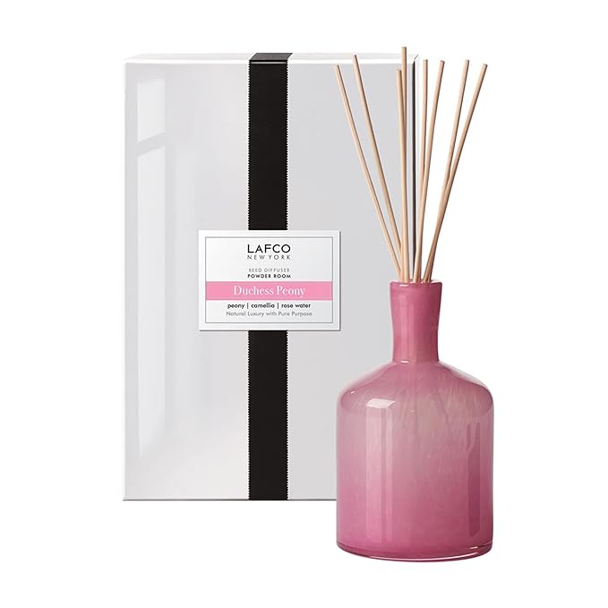 LAFCO New York Signature Reed Diffuser, Duchess Peony - 15 oz - Up to 9 Months Fragrance Life - Reusable, Hand Blown Glass Vessel - Natural Wood Reeds - Made in The USA