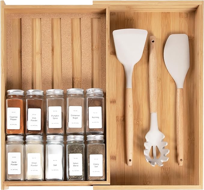 Spice Drawer Organizer with Expandable Storage. Holds up to 15 Spice Jars (Not Included), Non-Slip Feet, Kitchen Accessory Storage, 100% Sustainable Bamboo Wood