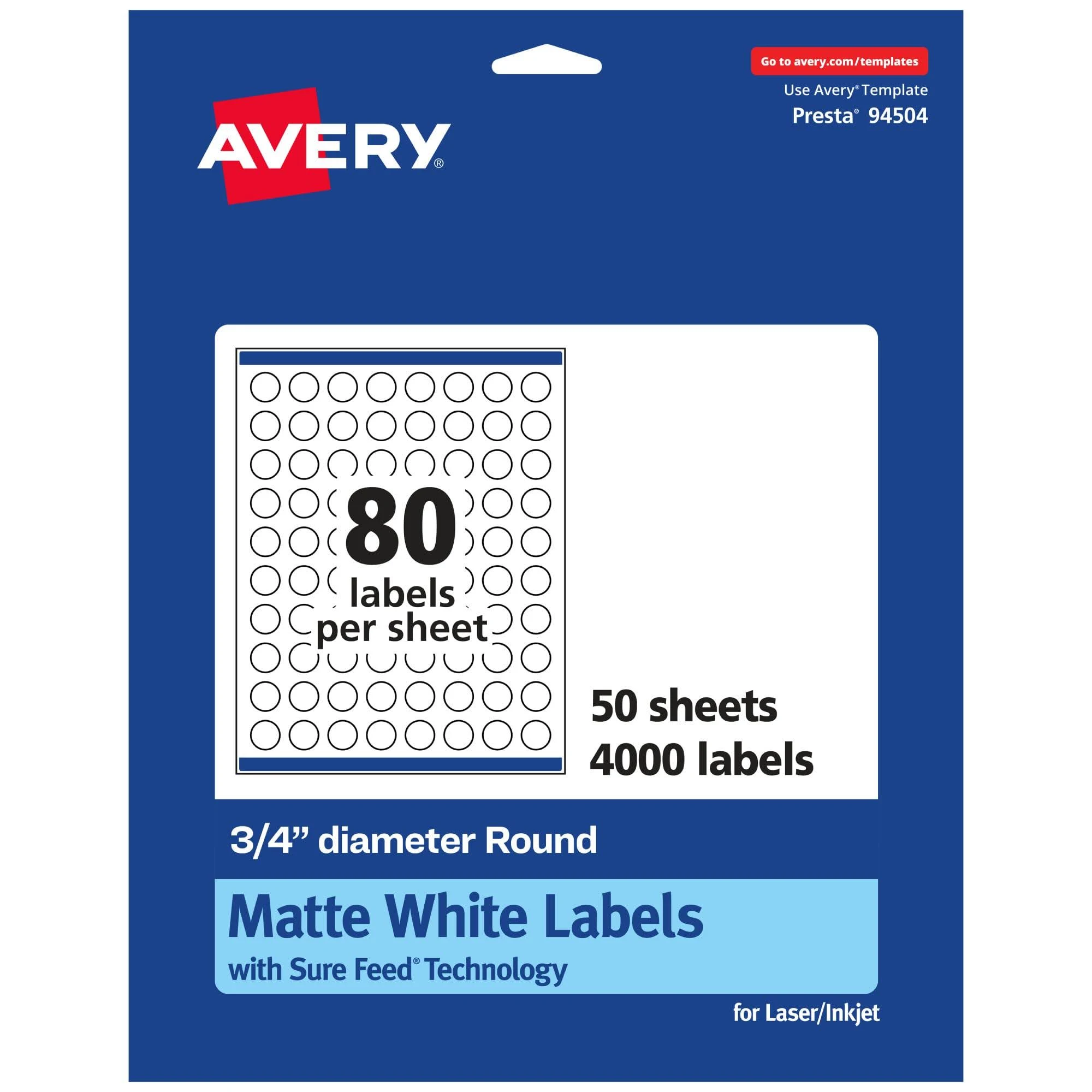 Avery Matte White Round Labels with Sure Feed, 3/4" Diameter, 4,000 Matte White Printable Labels