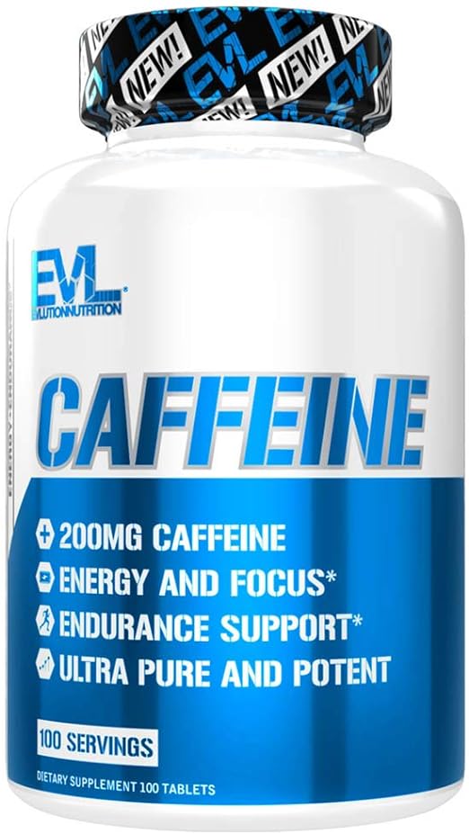 Evlution Nutrition Caffeine - Energy, Focus, & Endurance Support - 200mg of Caffeine Per Serving - Ultra Pure & Potent - Maximize Work, Training & More - Dietary Supplement - 100 Servings -100 Tablets