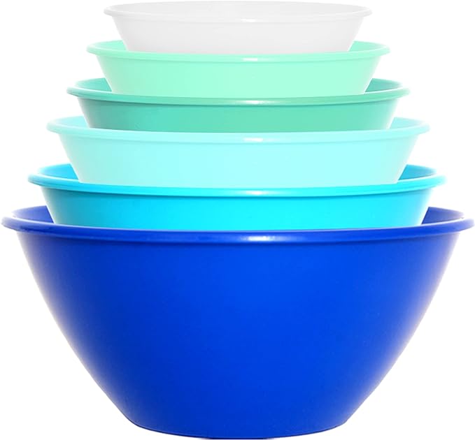 6 Pack Large Plastic Mixing and Serving Bowls, Plastic Nesting Bowls Set - 120OZ, 80OZ, 50OZ, 32OZ, 22OZ, 12OZ - Coastal YE393.037