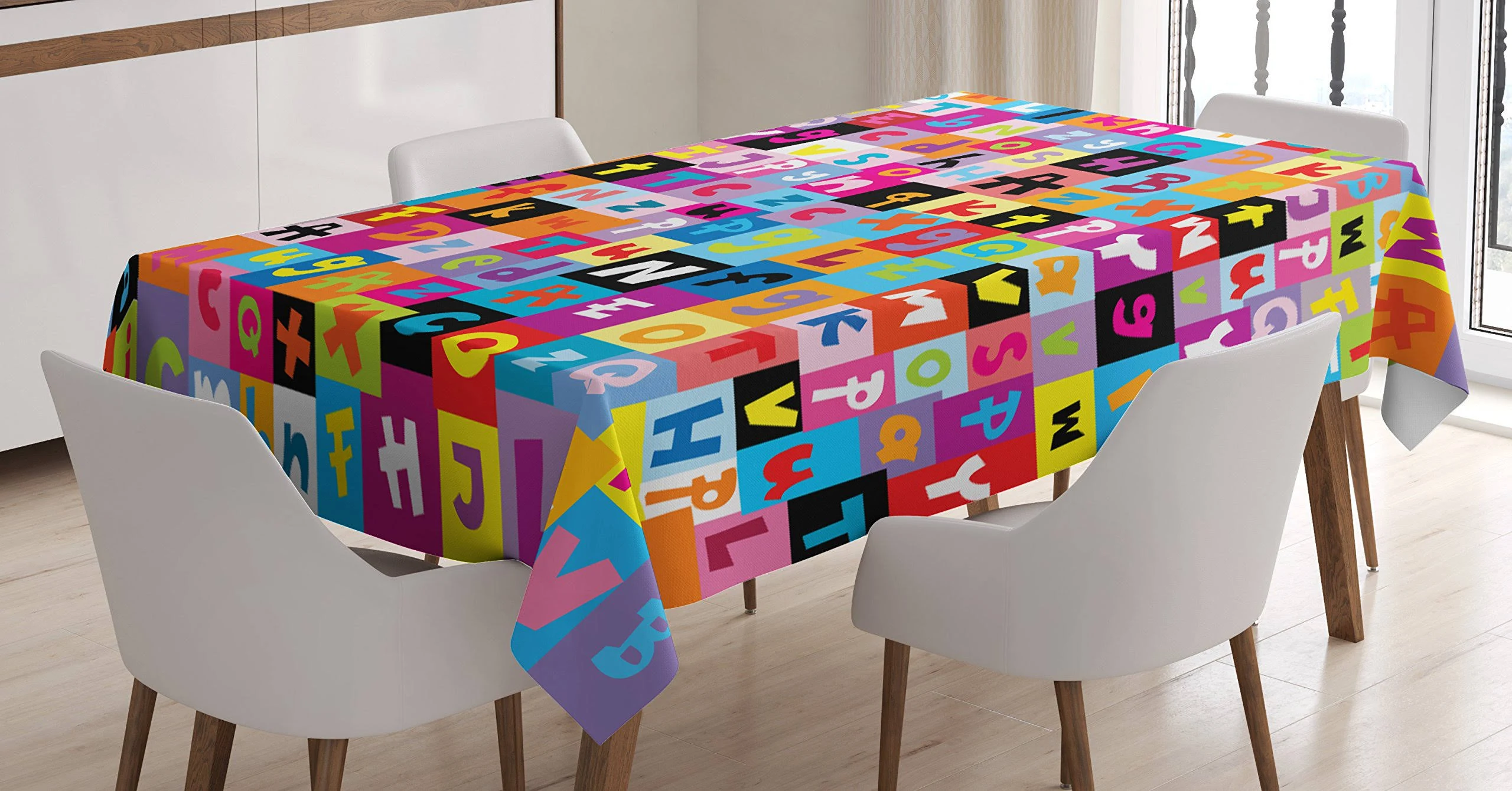 Ambesonne Abstract Tablecloth, Colored Alphabet Letters Pattern Game Graphic Print, Rectangular Table Cover for Dining Room Kitchen Decor, 60" X 90", Rainbow Colors