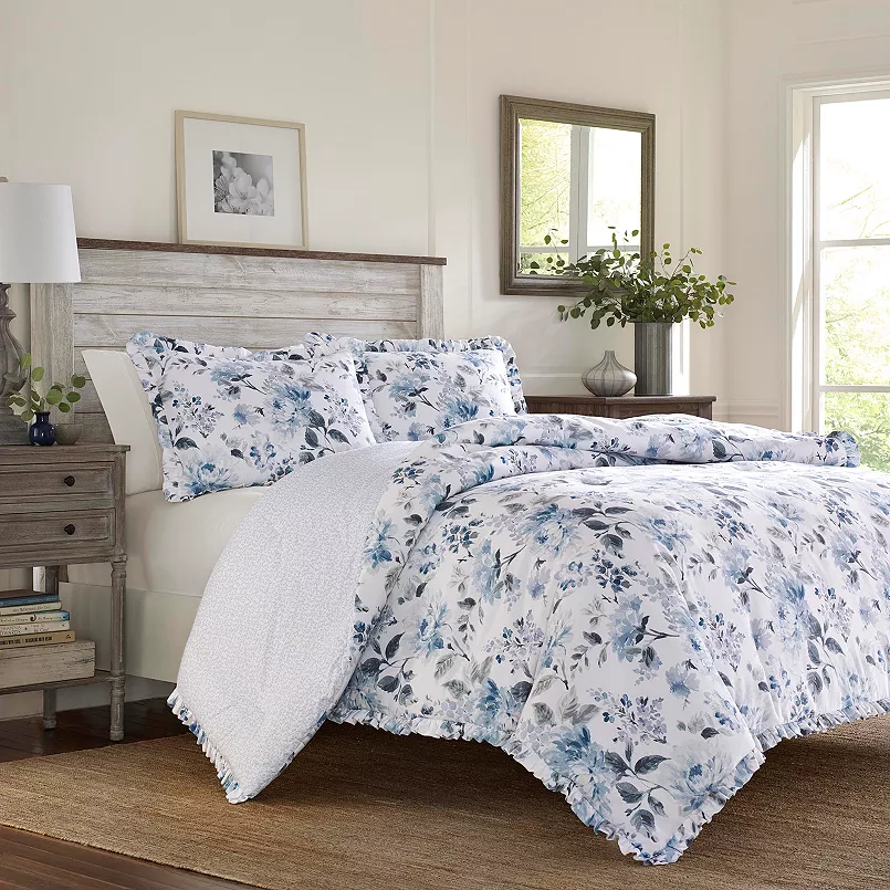 Laura Ashley Home - King Comforter Set, Reversible Cotton Bedding with Matching Shams, Stylish Home Decor for All Seasons (Chloe Blue, King)