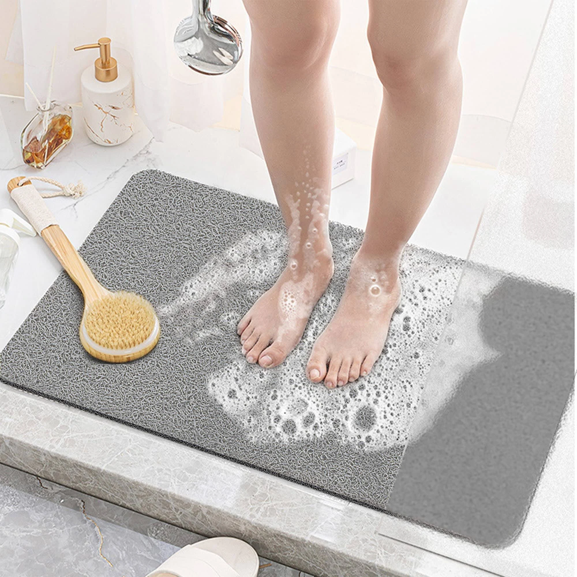 Bathroom Shower Mat Non-Slip Soft PVC Supportive Textured Quick Drain Loofah Foot Massage Multifunctional Floor Mat for Home & Hotel (Grey, 16"*24")