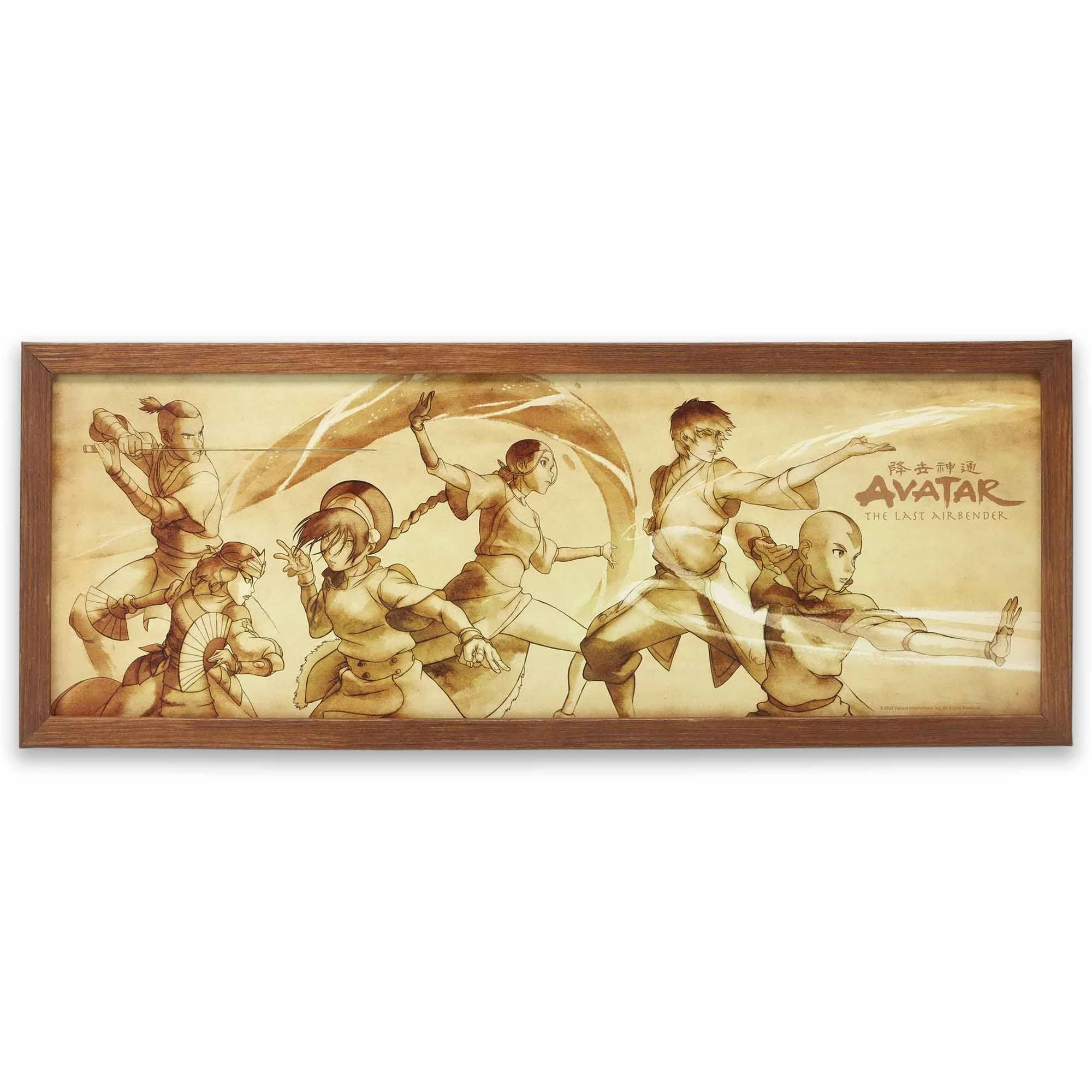 Avatar: The Last Airbender Action Scene Sepia Framed Wood Wall Decor - Vintage Avatar Picture for Kids' Bedroom or Play Room