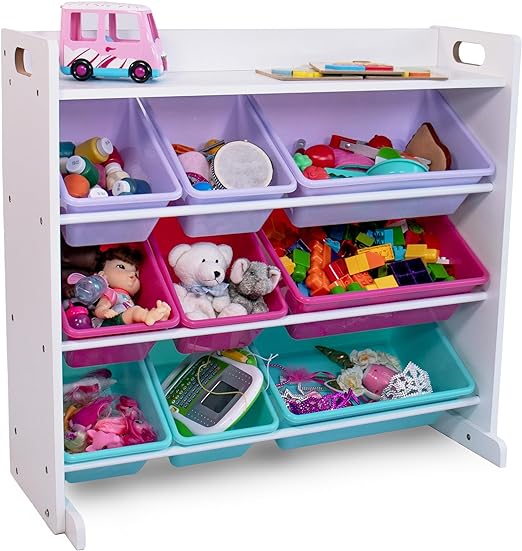 Humble Crew Toy Storage Organizer with Top Shelf and 9 Removable Bins, White/Pink/Purple/Aqua – Toddler Bookshelf with Toy Organizer - Modern Toy Rack Ideal for Kids' Rooms, Playrooms, and Nurseries