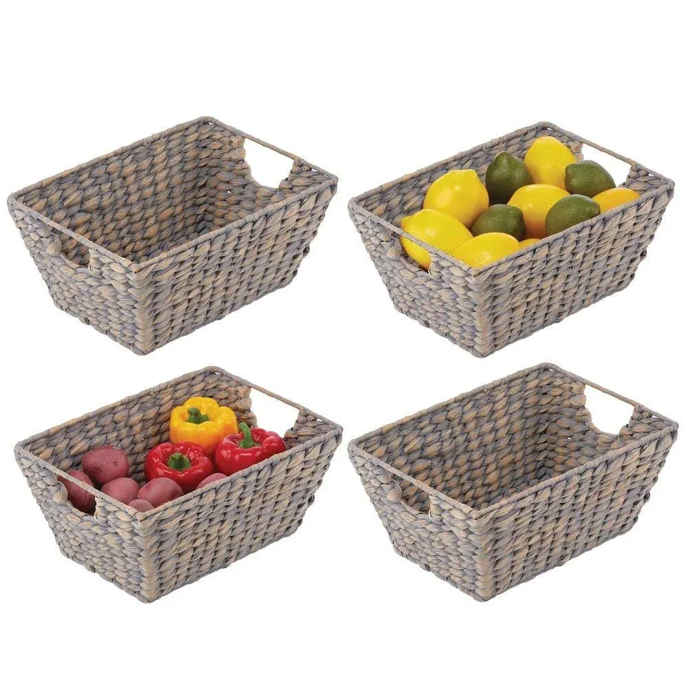 mDesign Natural Woven Hyacinth Closet Storage Organizer Basket Bin for Kitchen Cabinets, Pantry, Bathroom, Laundry Room, Closets, Garage - 4 Pack - Gray