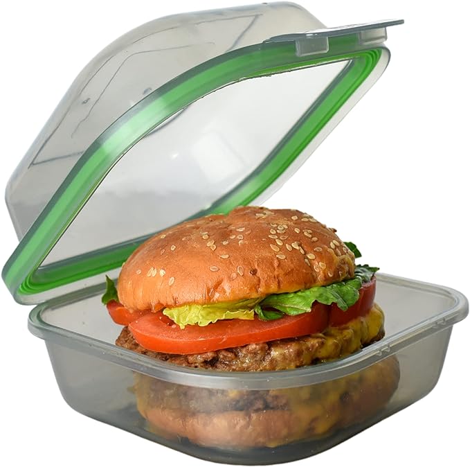 Bun Sized To-Go Compartment Container, 5-1/2" X 5-1/2" X 3-1/2" Reusable, Microwave Safe, NSF Certified, Smoke/Green