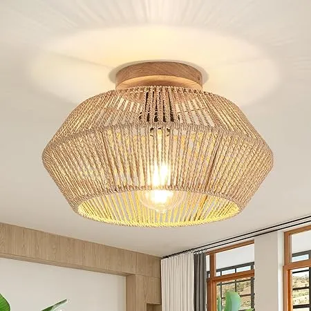 DESGNT Woven Rattan Ceiling Light Fixtures Boho Semi Flush Mount Hand-Woven Cage ...