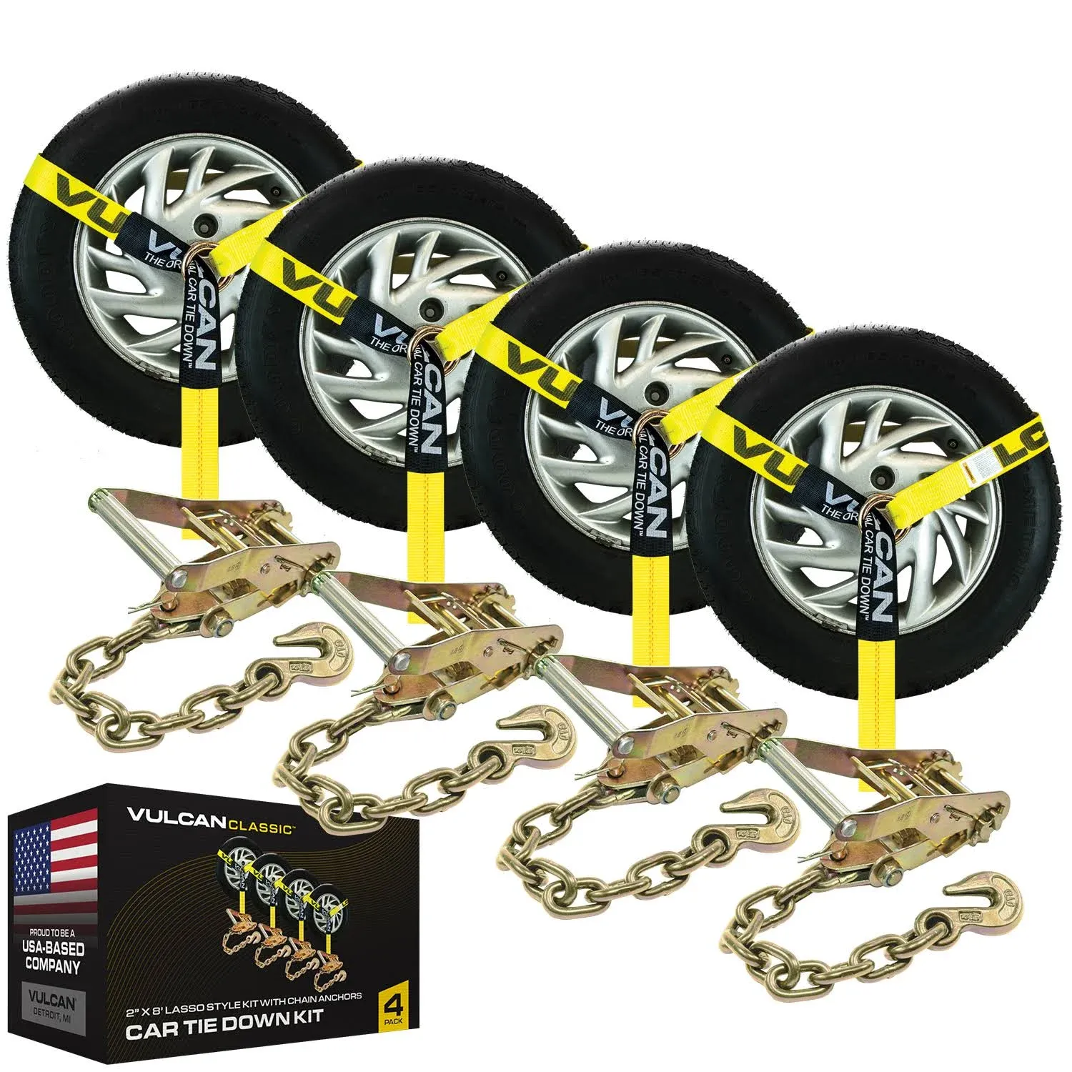 VULCAN Car Tie Down with Chain Anchors - Lasso Style - 2 Inch x 96 Inc