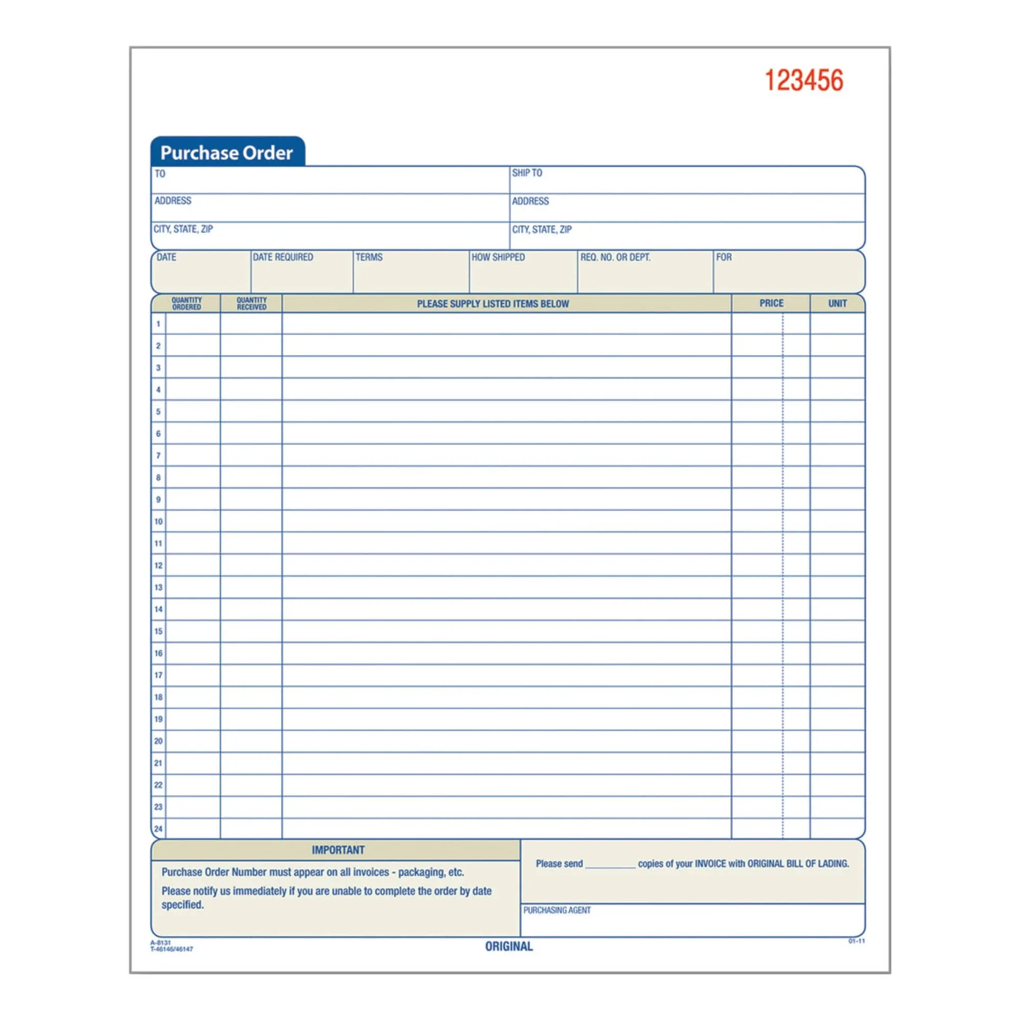 Adams Purchase Order Forms, 2-Part, Carbonless, 10.68" x 8.37" - 50 sets