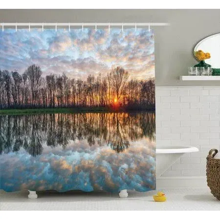 Magical Lake Sunset Mirror Crystal Clear Water and Horizon Shower Curtain Set