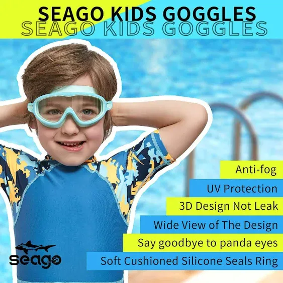 Seago Swim Goggles 2 Pack Anti-Fog Anti-UV Wide View UV Protection, Adjustable Swimming Goggles for Kids 3-15, Light Blue & B