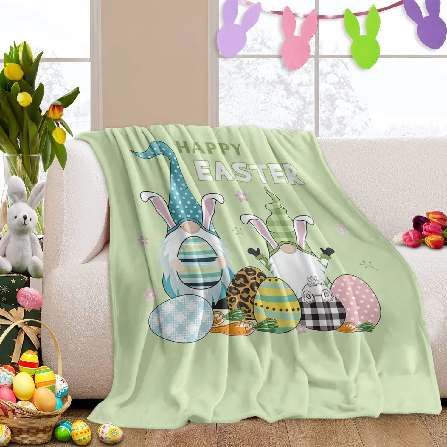 Happy Easter Flannel Fleece Throw Blanket Cute Gnomes and Eggs Carrots Soft Blankets,40x50In Colored Egg Lightweight Micrifiber Blanket for Kid/Teen/Men Bedroom, Living Room Couch Sofa Green