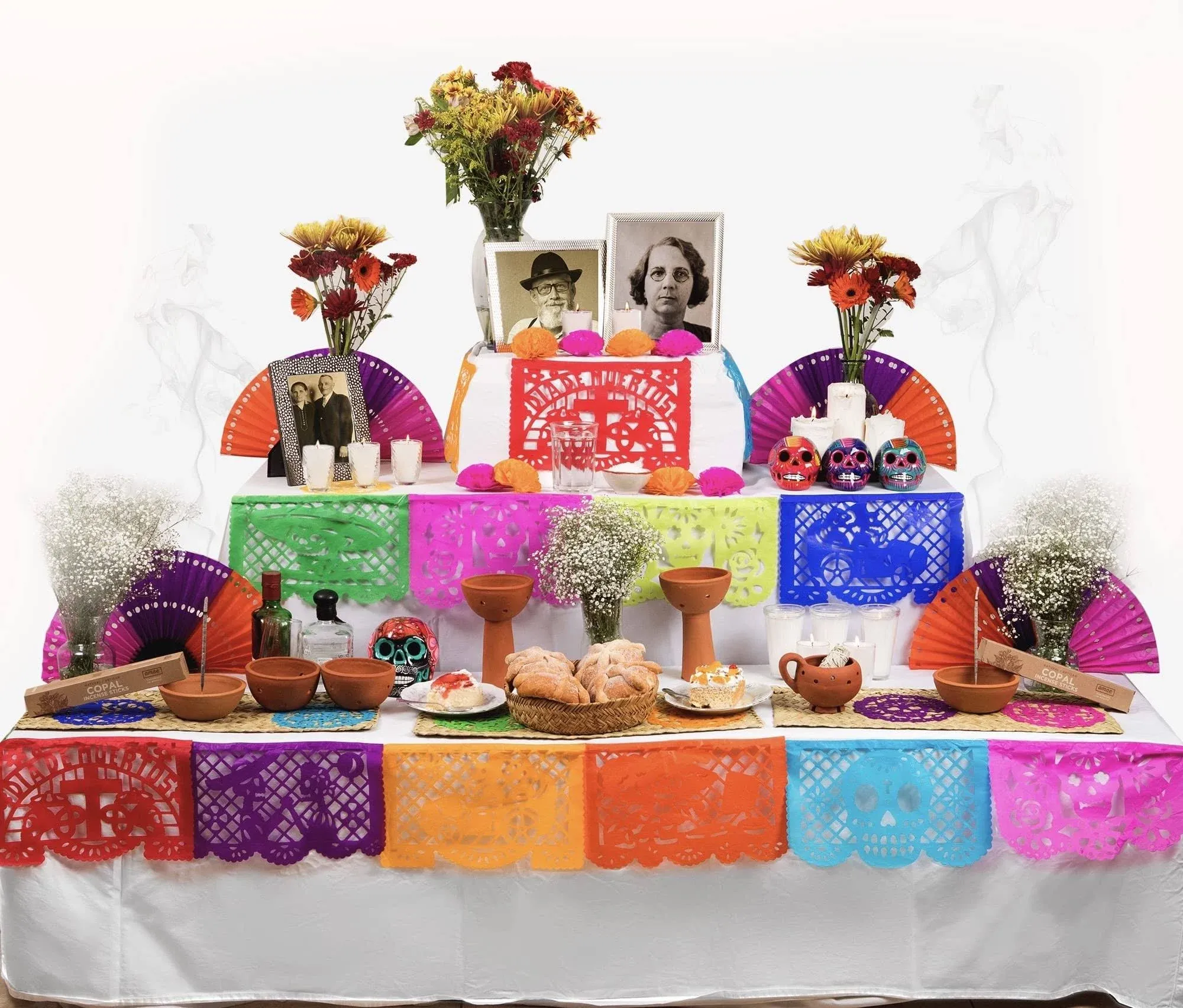 El Dia de Los Muertos Classic Decor KIT. With a 4.5" Hand-painted ceramic Skull. All You Need to Set-Up your Traditional Ofrenda or "Day of the Dead" Altar.