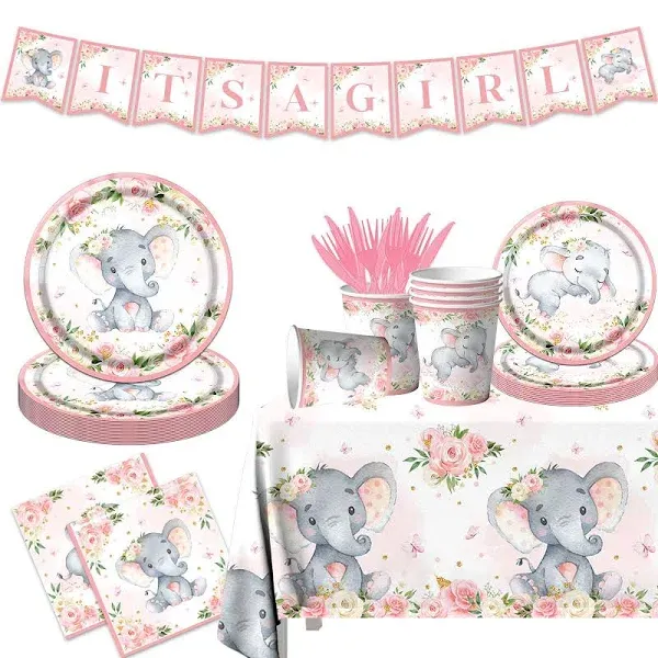 142Pcs Pink Elephant Baby Shower Decorations for Girl It's A Girl Plates and Napkins Set with Cups Forks Tablecloth and Banner Baby Girl Gender Reveal Decorations Pink Baby Shower Party Supplies