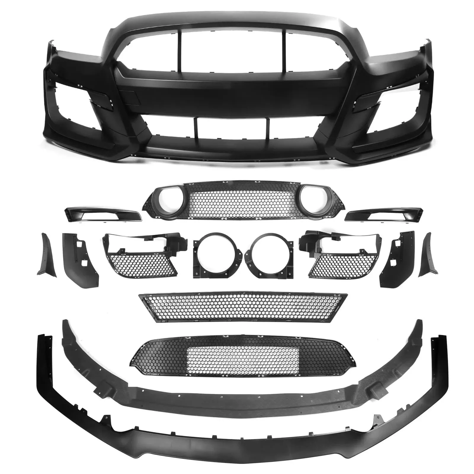 IKON MOTORSPORTS, Front Bumper Cover Compatible With 2013-2014 Ford Mustang Base & GT, Front Bumper Conversion Replacement W/Mesh Grille & Front Bumper Lip & Winglets GT500 Style PP