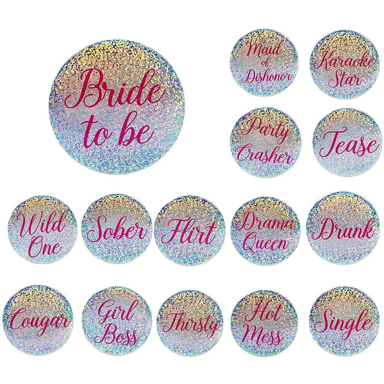 Juvale 15-Pack Bridal Party Pins - Funny Bachelorette Party Supplies, Bride to Be and Bridesmaids Pinback Buttons, Holographic Glitter Bachelorette