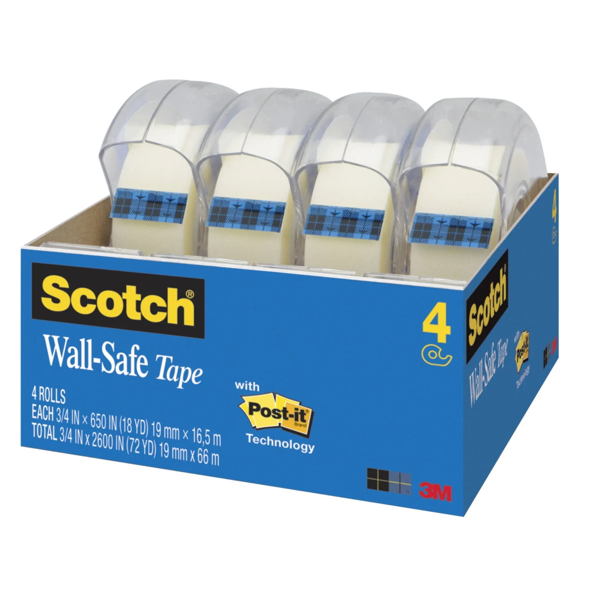 Scotch - Wall-Safe Tape with Dispenser, 1" Core, 0.75" x 54.17 ft, Clear, 4/Pack