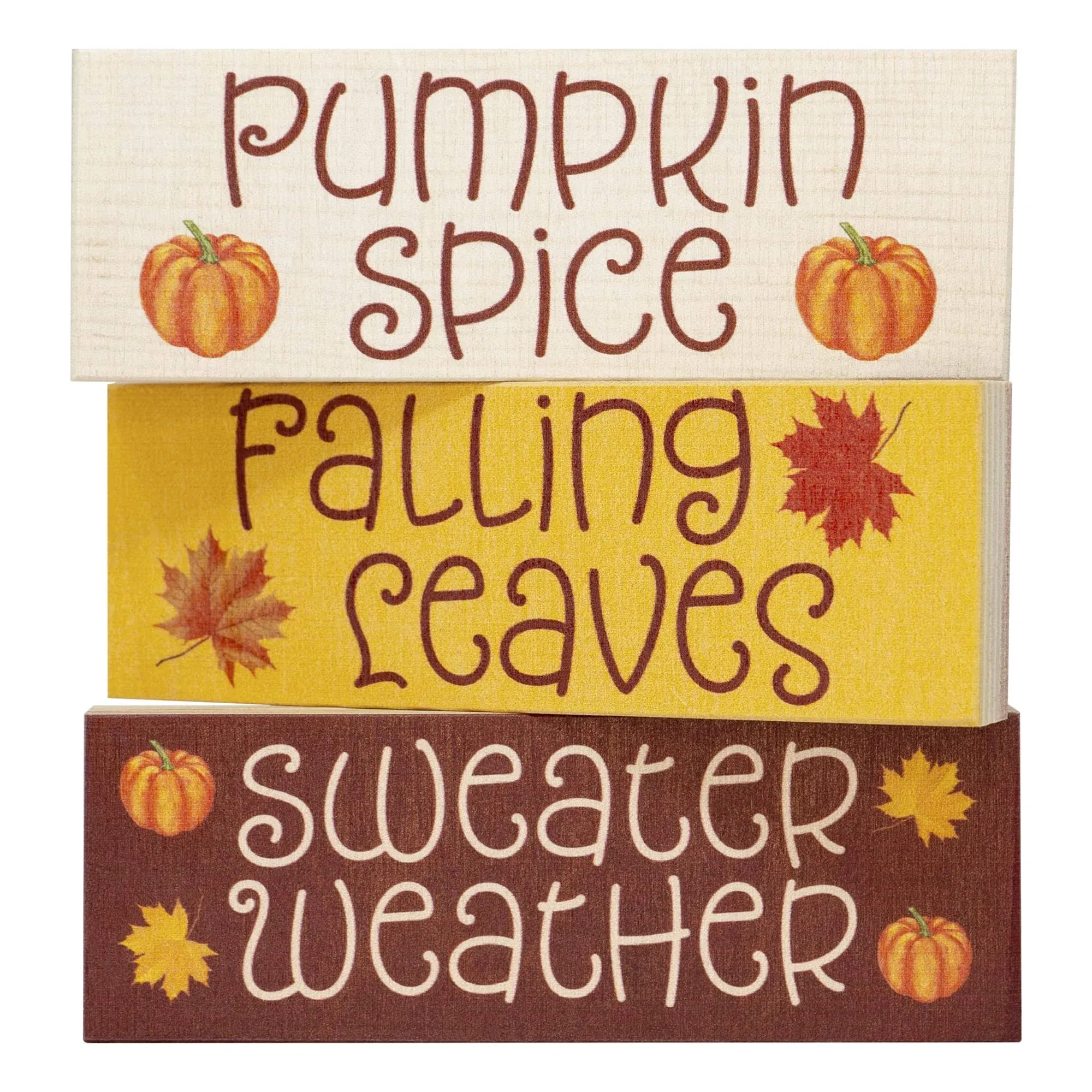 Fall Decor Pumpkin Spice & Sweater Weather Wood Block Set – 3-Piece Fall Decor Signs, Cozy Autumn Tiered Tray Decorations, Falling Leaves Home Decor