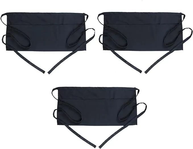 BOHARERS Waist Apron with 3 Pockets 3 Pack - Black Waitress Server Short Apron