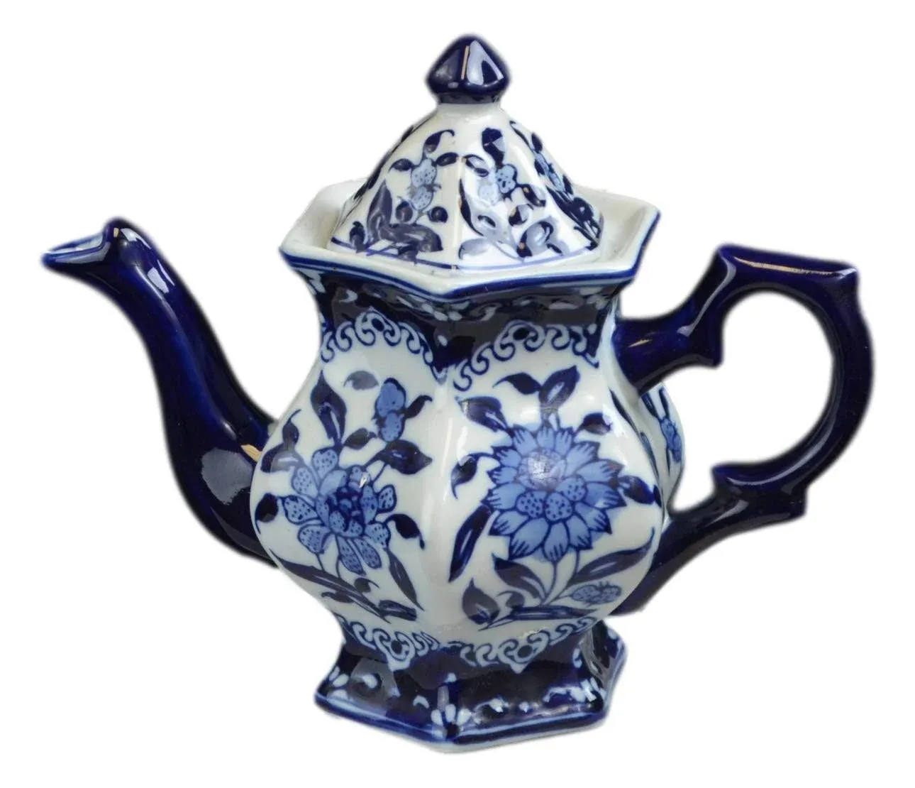 Teapot Blue and White Porcelain 16 Ounce China, Coffee Pot， Hexagonal