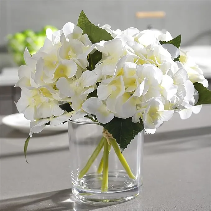 Greenhouzz Artificial Flowers in Clear Glass Vase with Faux Water Silk Hydrangea