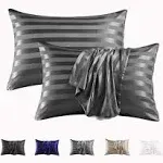 MR&HM Satin Pillowcase for Hair and Skin, Silk Satin Pillowcase 2 Pack, Queen Size Pillow Cases Set of 2, Silky Pillow Cover with Envelope Closure (20x30, Dark Grey Striped)