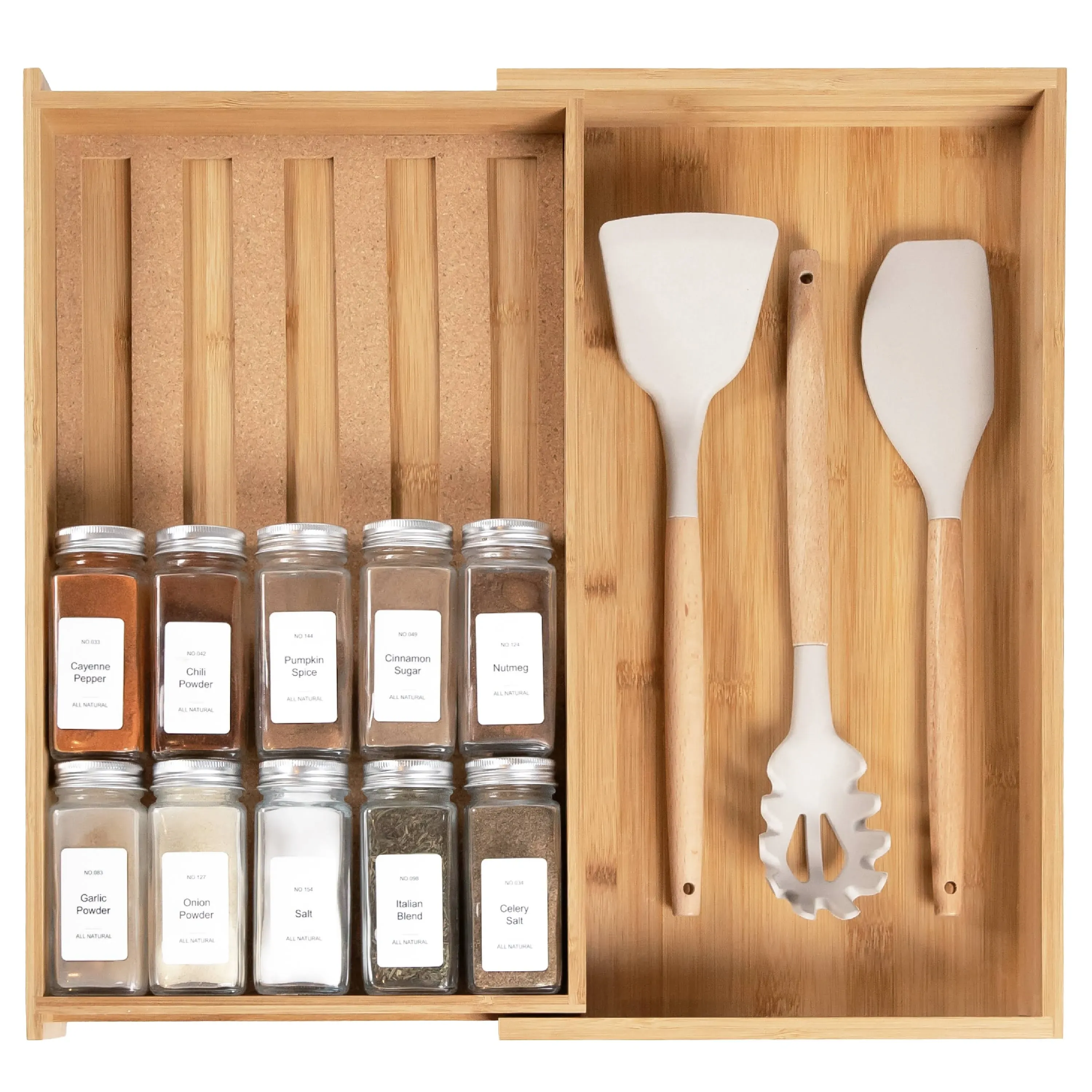 Spice Drawer Organizer with Expandable Storage. Holds up to 15 Spice Jars (Not Included), Non-Slip Feet, Kitchen Accessory Storage, 100% Sustainable Bamboo Wood