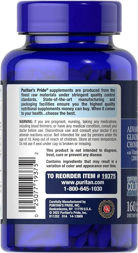 Puritan's Pride Advanced Glucosamine Chondroitin MSM With Vitamin D3 50mcg (2000 IU), Dietary Supplement for Joint Health, 5 Month Supply, 160 Coated Tablets