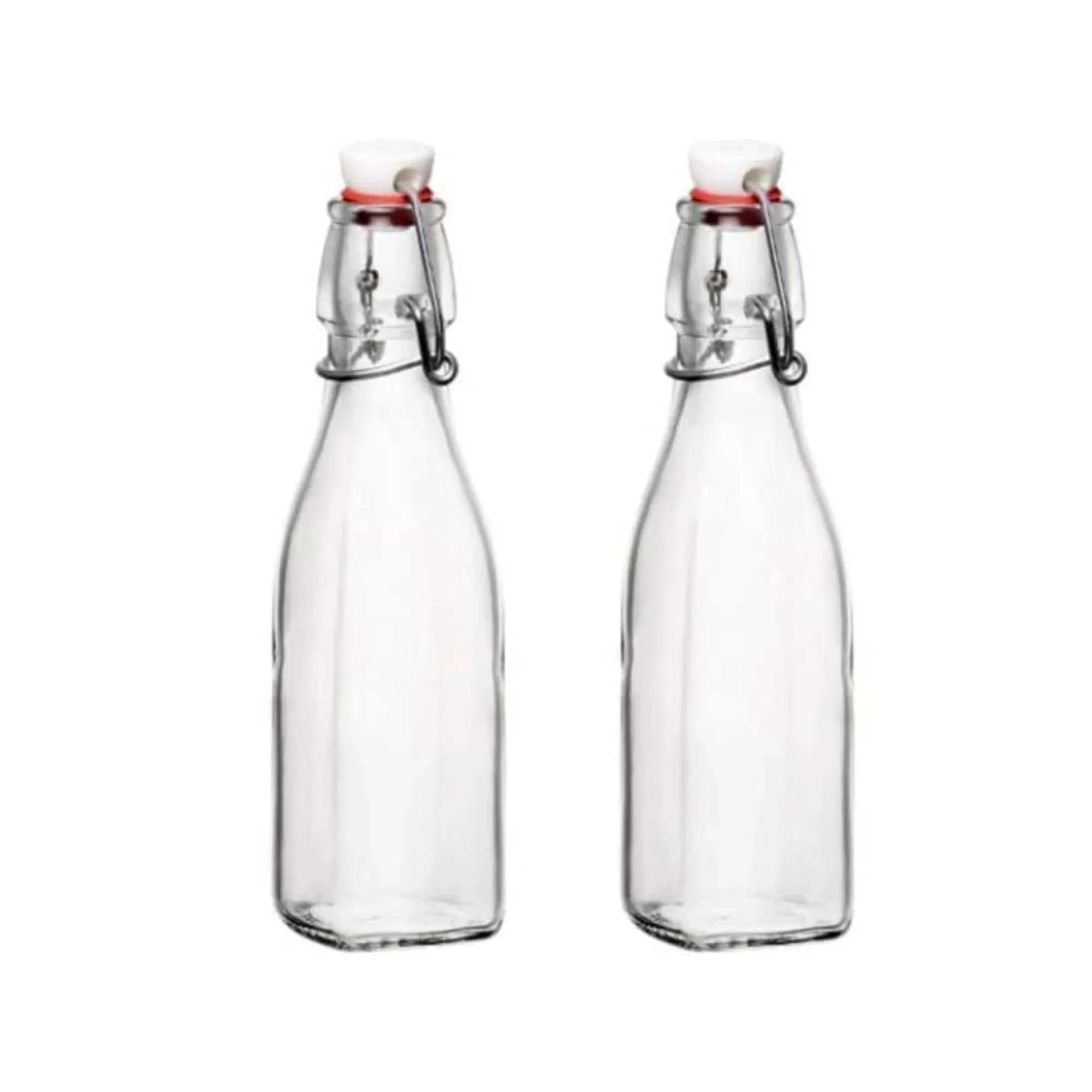 Bormioli Rocco Set Of 2 Square Swing Top Glass 8.5 Oz. Bottles With Airtight Hermetic Lid, Bottles Kombucha, Beer, And Limoncello, Dishwasher Safe, Made In Italy.